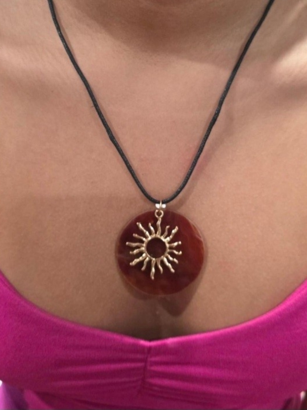 Lovely Melody Red Agate Sunburst Pendant Necklace with Black Cord